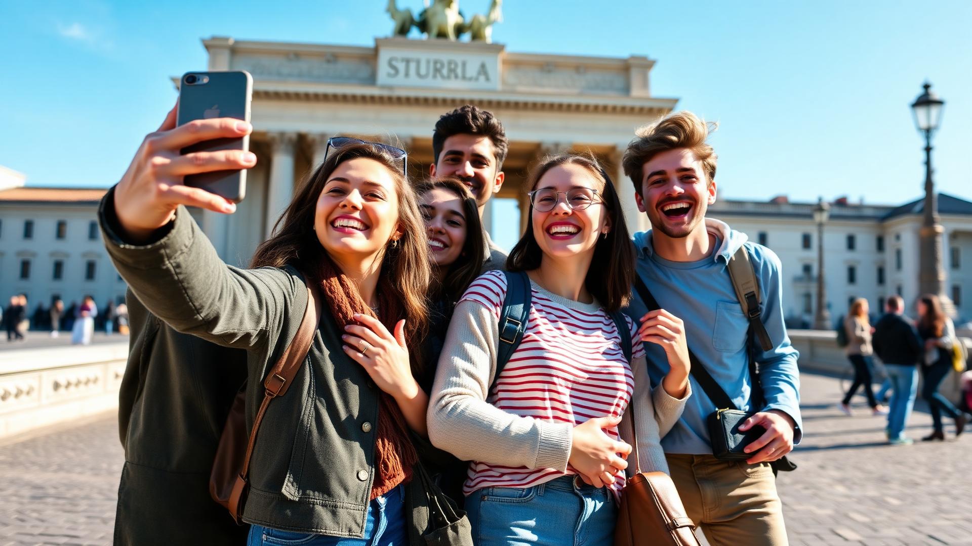 Diverse group of students laughing and taking a selfie together in front of a European landmark abroad